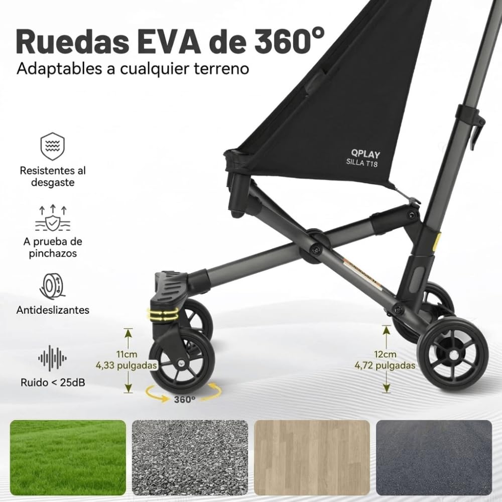 QPlay Silla de Paseo City Ultraligera | Carrito Plegable y Portátil 2.8 kg con Capota, Ruedas con Suspensión, Arnés de 5 Puntos y Marco de Aluminio | Para Niños de 6 a 36 Meses – 78x40.5x91 cm
