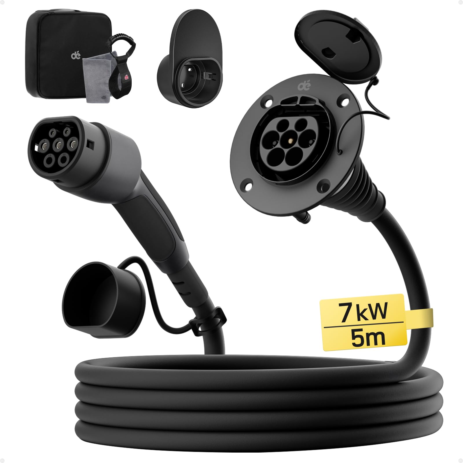 dé Przedłużacz typu 2 [5 m, 7,4 kW, 32 A] 1-fazowy kabel do ładowania 230 V, stopień ochrony IP54, kompatybilny ze wszystkimi IEC62196-2 BEV i HPEV, z torbą do przenoszenia