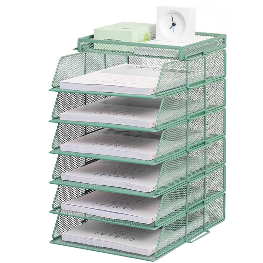ZESLIV Desk Organiser with File Holder, 6-Tier Letter Tray with Drawer and Top Box, Mesh Desk File Organiser with Magazine Holder for Office Organiser, Green