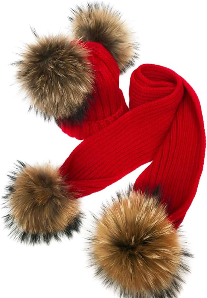 Knitted Beanie Hat and Scarf Bundle with Large Pompom, Winter Hat Scarf Set for Cold Weather