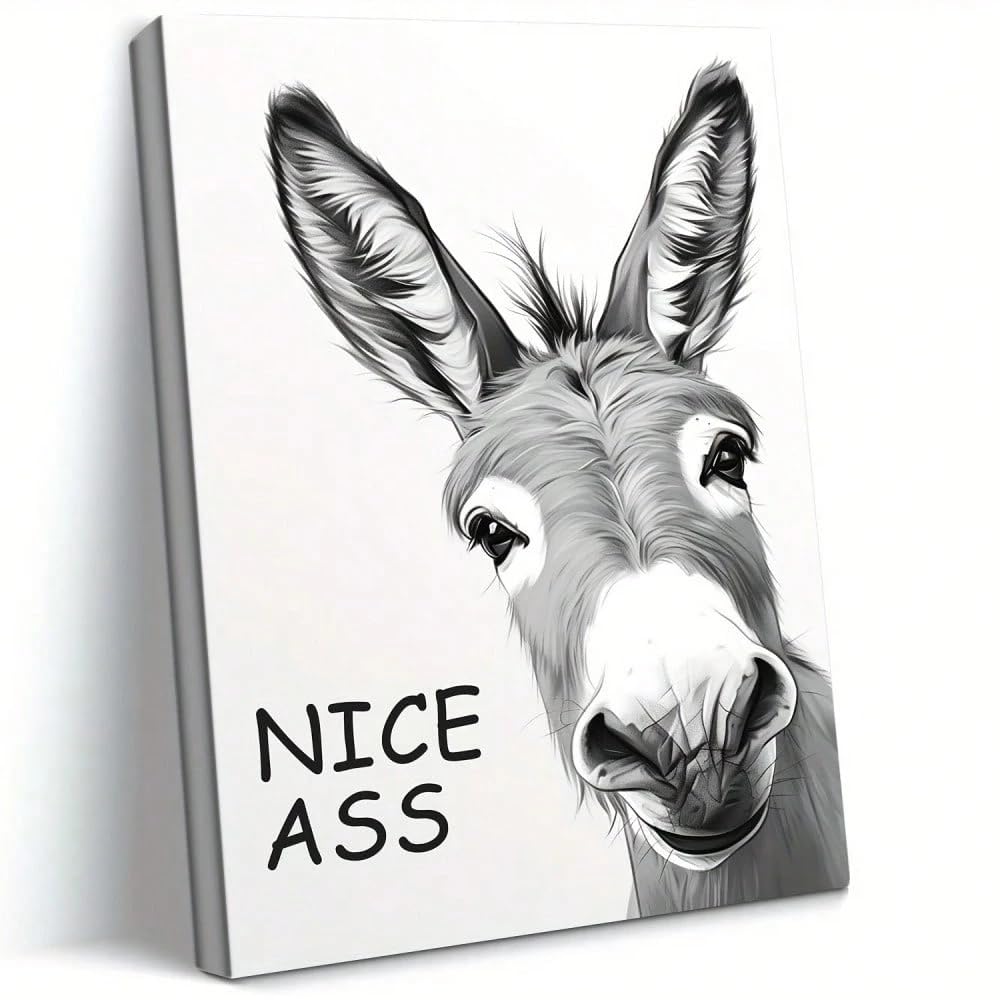 UUDEZO Cuadro decorativo de burro para baño - Divertidas imágenes en blanco y negro para la decoración del baño (80 x 125 cm (32 x 49 pulgadas) con marco)