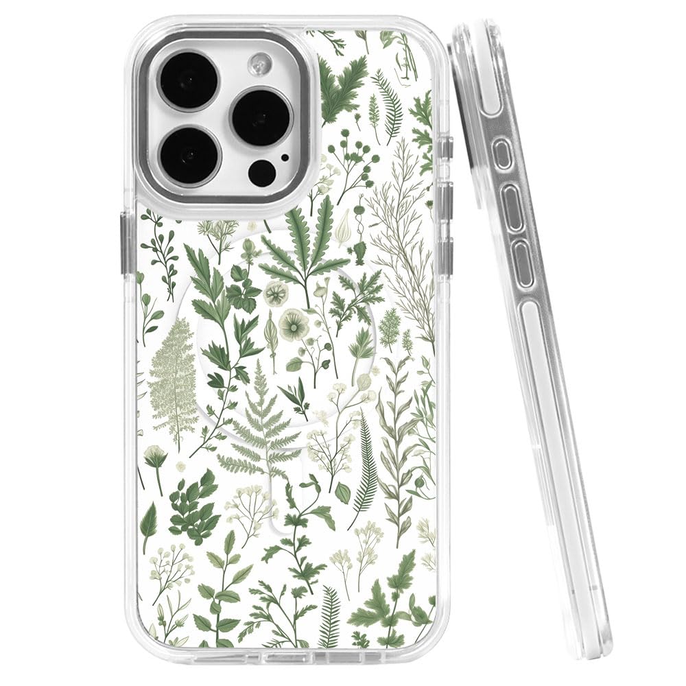 kiritfox Magnetic Case for iPhone 14,[Compatible with MagSafe & Shockproof Protection],Vintage Sage Green Floral Pattern