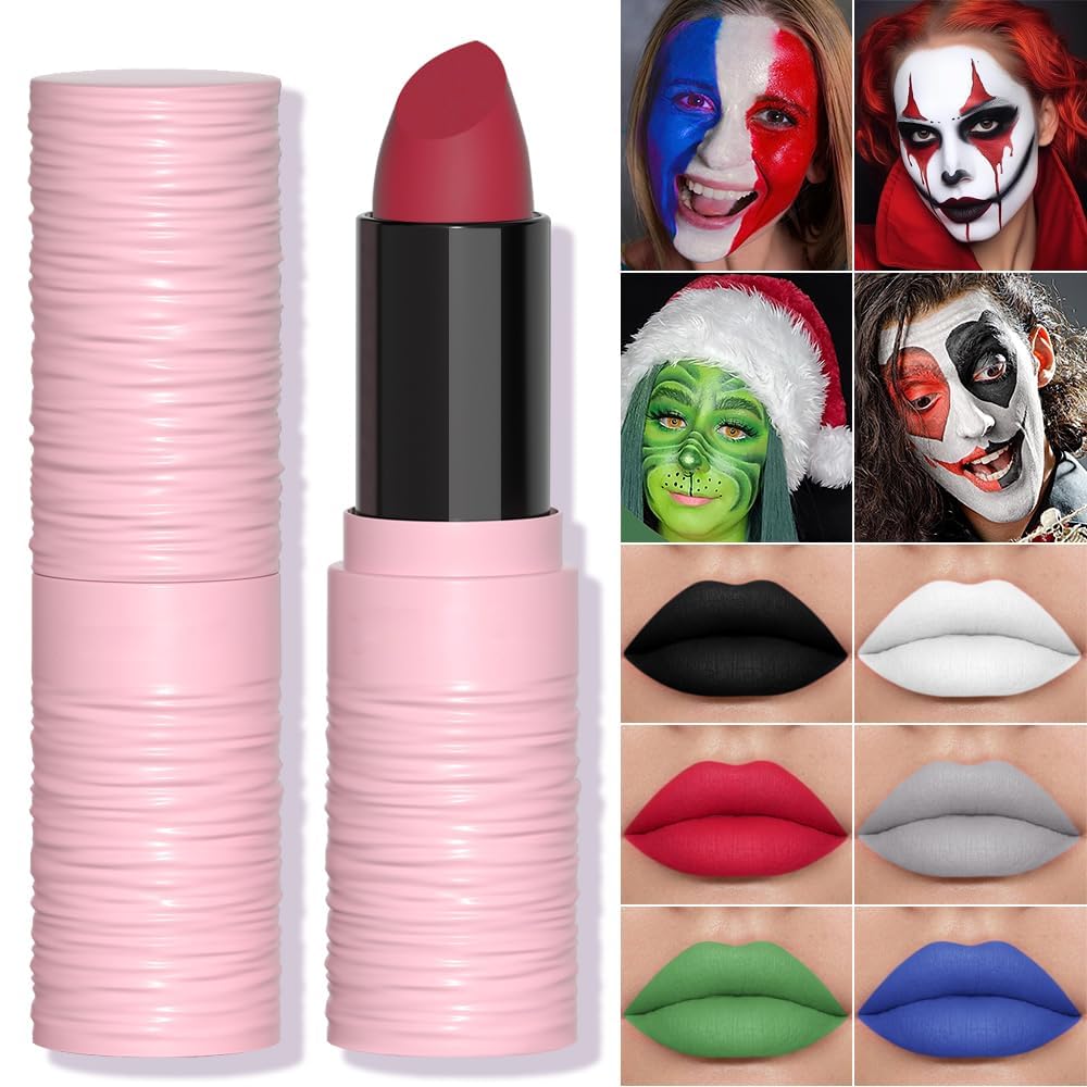 Lápiz labial mate para festival, tinte de labios blanco, brillo de labios en barra de pintura facial sedoso de alto pigmento, terciopelo suave, impermeable, blanco, negro, verde, azul, brillo 2