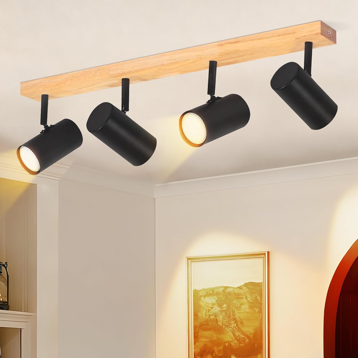 Deckenstrahler 4 Flammig Holz Deckenlampe - Schwarz Deckenspots GU10 Flurlampe Schwenkbar 350°Vintage Deckenleuchte Flur für Wohnzimmer Schlafzimmer Esstisch Küche Kindzimmer MAX.25W
