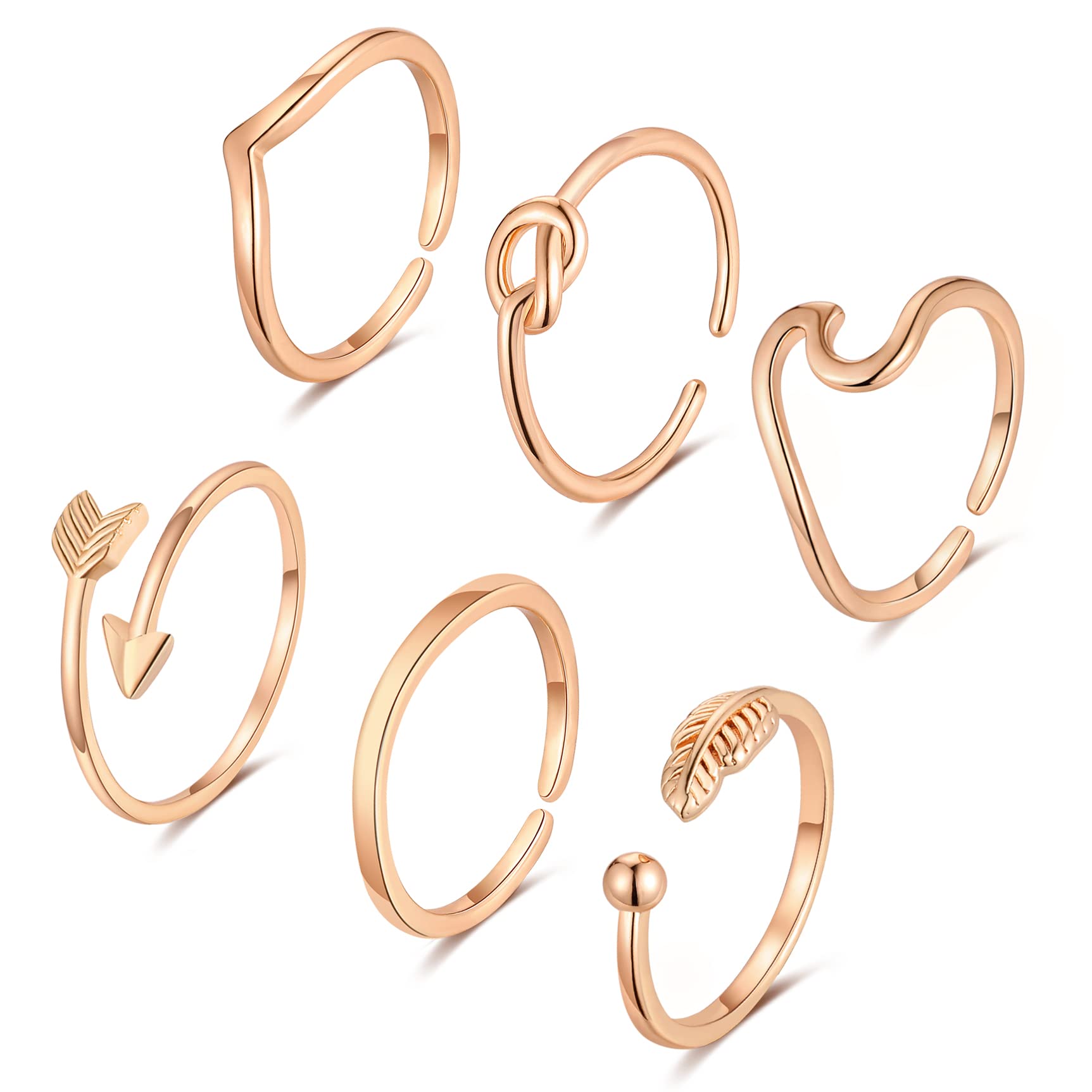 FUNEIA 14K Gold/Silver Plated Stacking Rings for Women Gold Silver Adjustable Knuckle Rings for Teen Arrow Knot Wave Stackable Dainty Thumb Open Rings Set