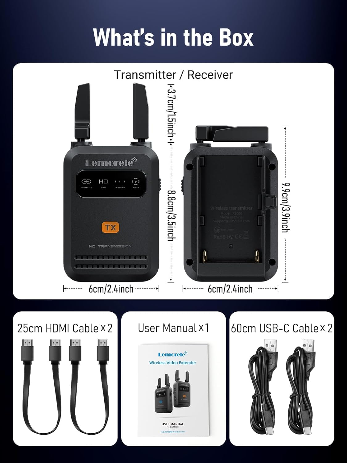 Trasmettitore Ricevitore Video HDMI Wireless Lemorele R5000, Portata 200 m, Doppia Antenna 5G Hz, Latenza 50 ms, Supporto fino a 4 Ricevitori, con App Mobile