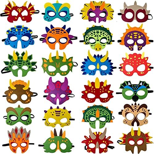 LATERN 24Pcs Felt Dinosaur Masks, Children Masks Animal Party Mask Party Bag Fillers Dress Up Cosplay Mask for Halloween Party Masquerade Birthdays Jungle Theme Party Favors Supplies