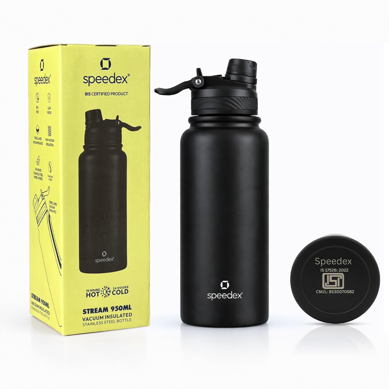 Speedex Vacuum Insulated Stainless Steel Water Bottle 1 Litre (1000ml / 1L / 1 LTR) with 2-in-1 Lid (Straw & Spout), Hot & Cold Leakproof Thermosteel Travel Flask for Office, Gym & School (Black)