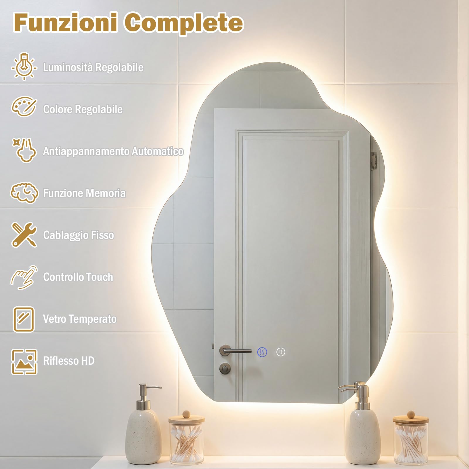 COSTWAY Specchio Irregolare Bagno con Luce 70 x 50 cm, Specchio Retroilluminato Bagno LED con Antiappannamento, Dimmerabile, 3 Colori Luce, Funzione Memoria, IP44, HD Vetro Temperato