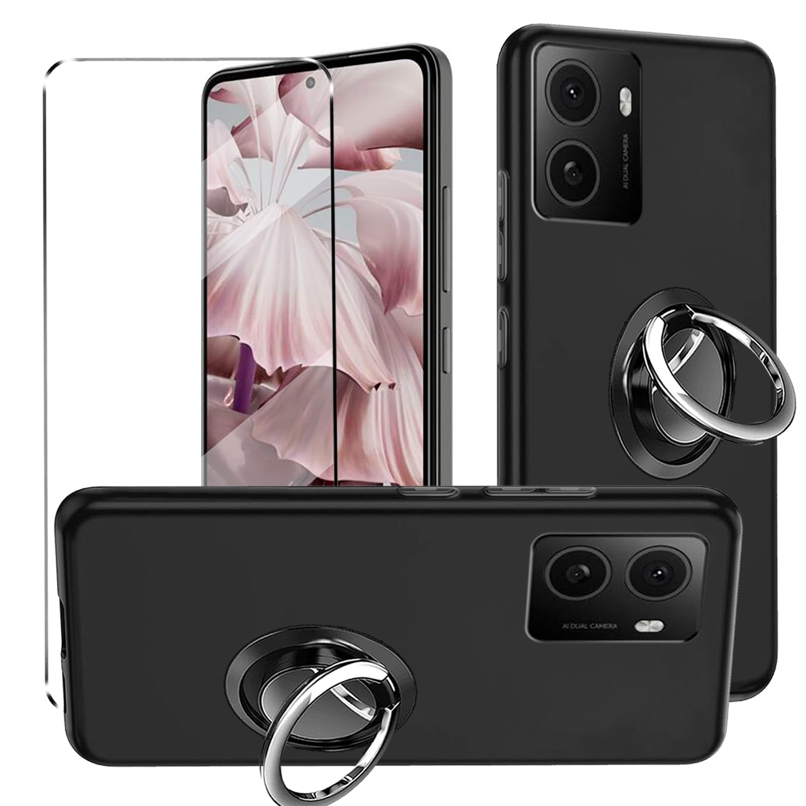 3-in-1 Case + Phone holder Ring For HMD Pulse Plus/ HMD Pulse Pro / HMD Pulse Cover with 1 Pack Tempered Glass Screen Protector Slim Fit Soft TPU Shockproof Anti-Scratch Phone Case Cover
