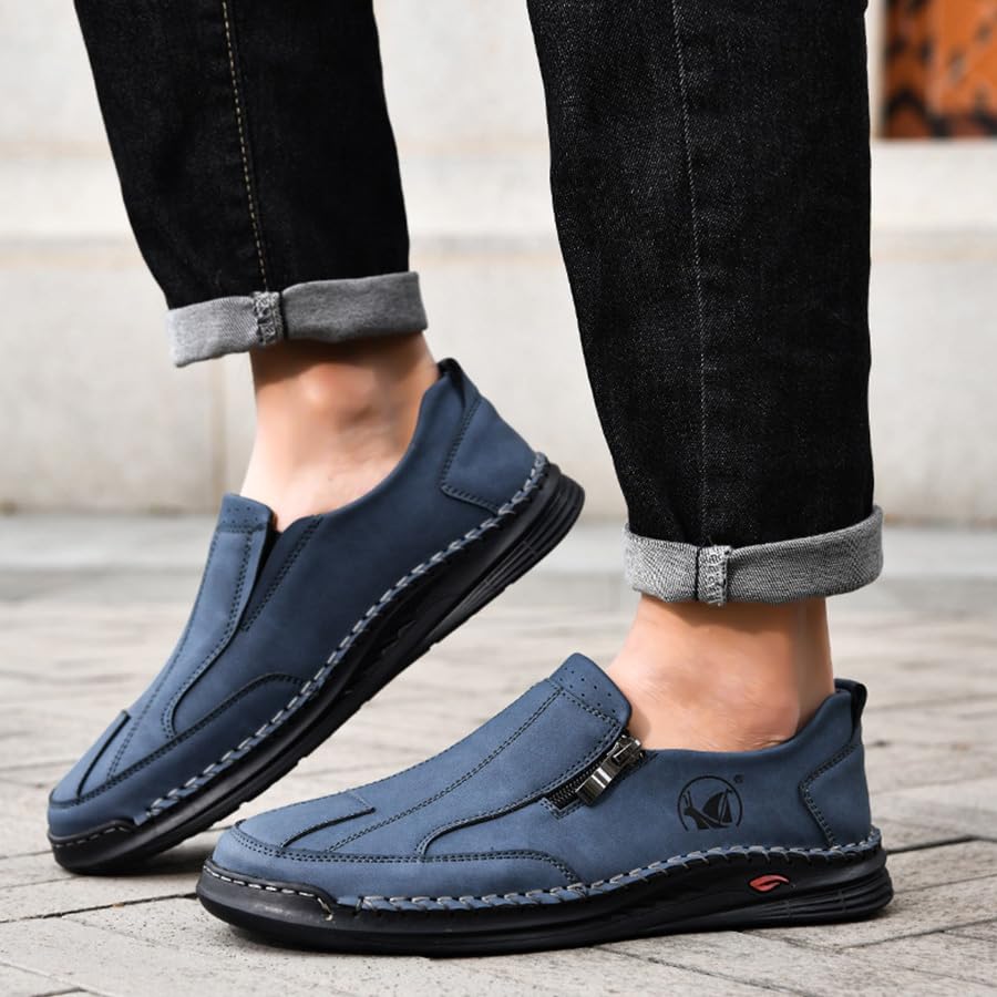 Men's Casual Slip On Leather Loafers Lightweight Hand-Sewn Moccasin Driving Shoes Comfortable Walking Side Zipper Non-Slip Dress Shoes2