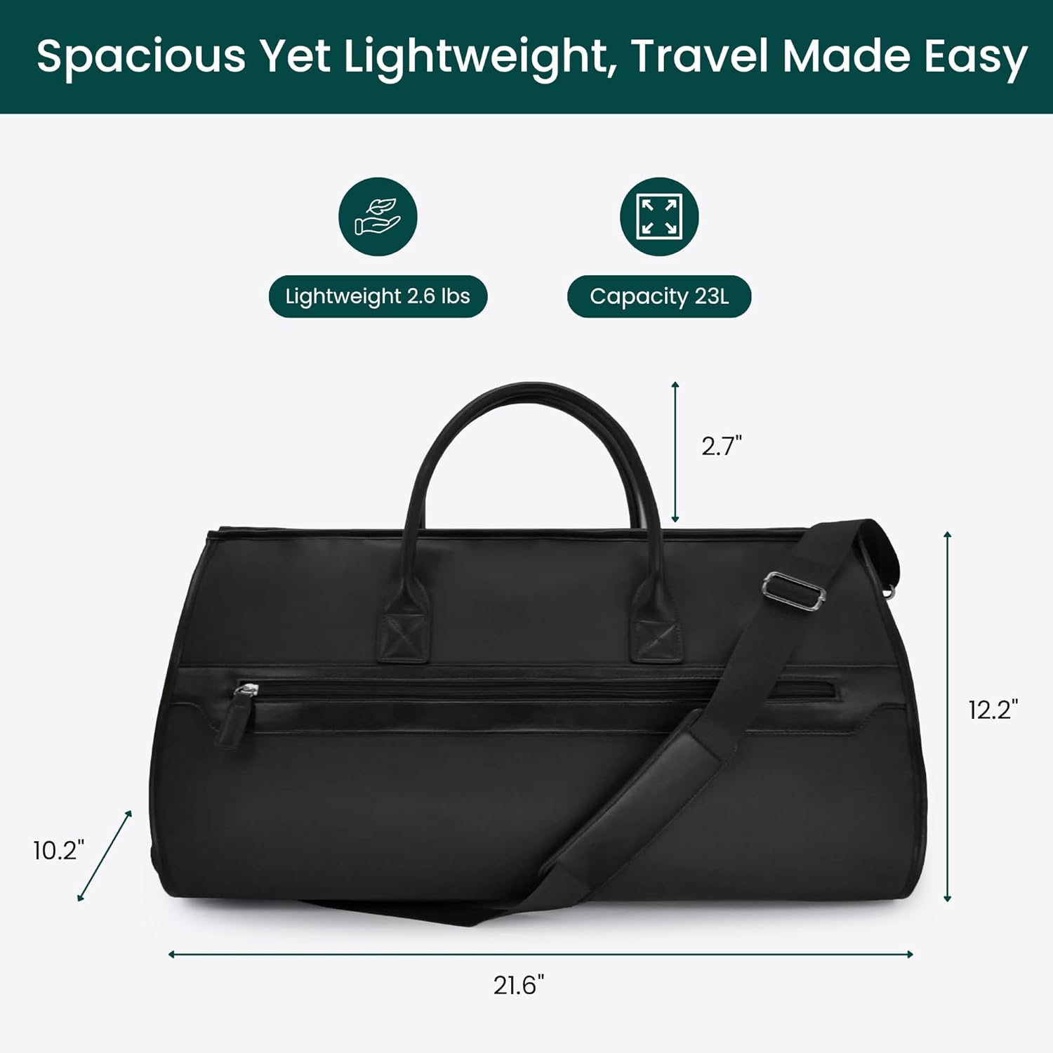NOBL Travel Fold N Go Duffel Bag, 2-in-1 Convertible Garment Weekender Bag & Suit Carrier, Large Carry On Duffle Bag for Men & Women, Leather Overnight Bag with 2 Shoe Compartments - Jet Black