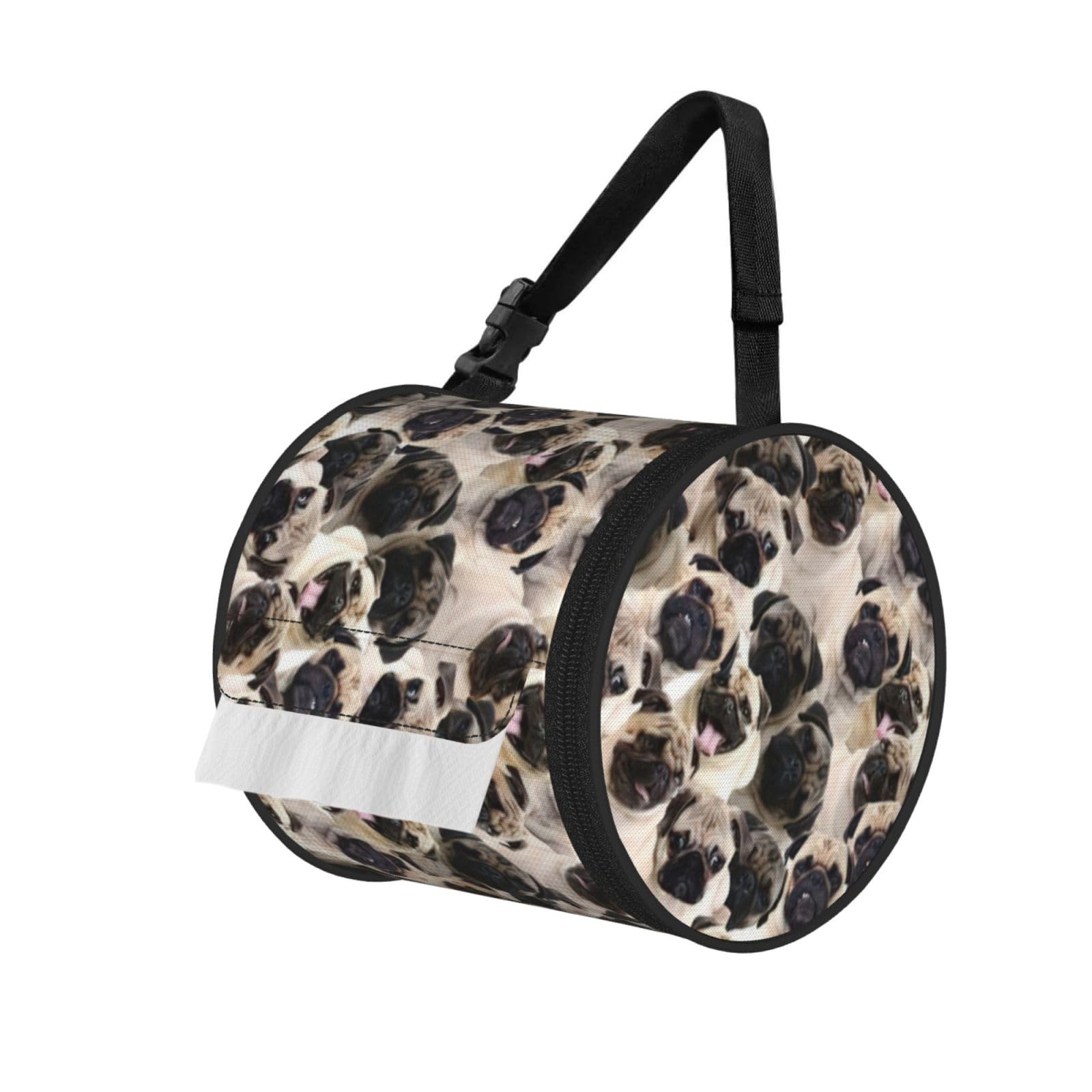 Cute Pug Print Round Paper Tissue Holder With Shoulder Strap, Portable Roll Case For Caravan Travel Use