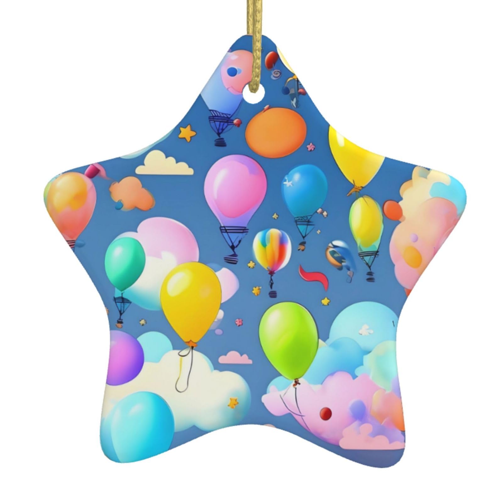 Colorful Balloons Christmas Ceramic Star Pendant with Punched Holes and Gold Wire Rope, Christmas Tree Home Decoration