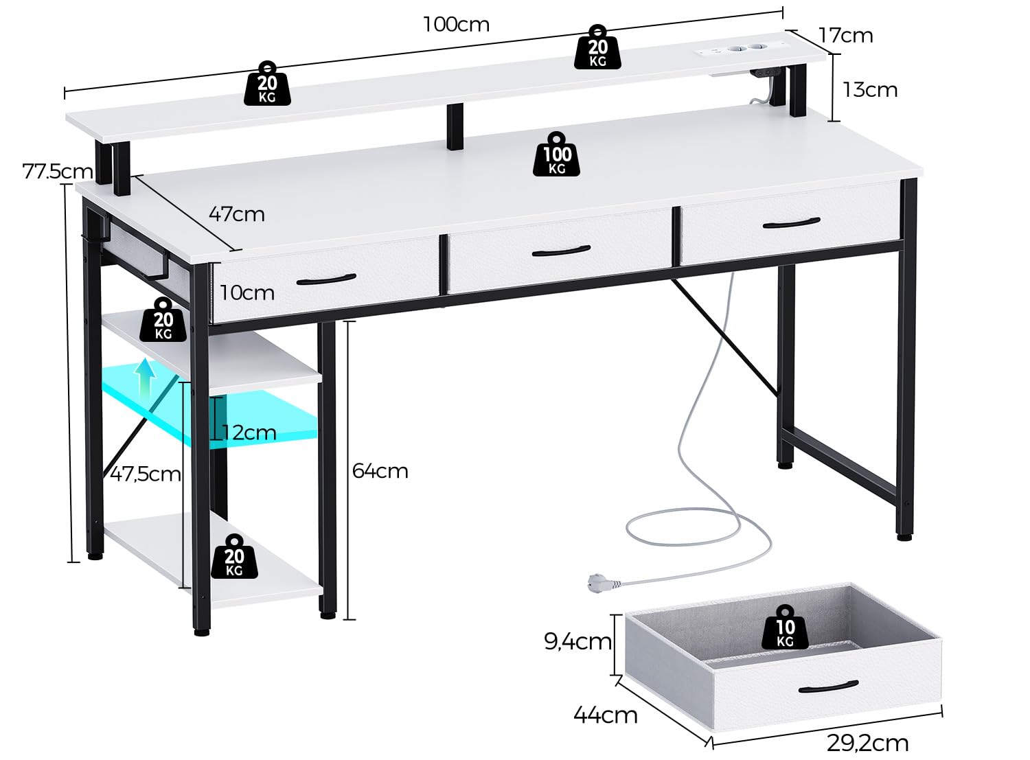 Seventable Schreibtisch mit Schubladen, Computertisch mit Steckdosen & LED, Gaming Tisch mit Monitorständer, Regal & 2 Haken, Gaming Schreibtisch für Büro, Wohnzimmer (Weiß, 100 cm)