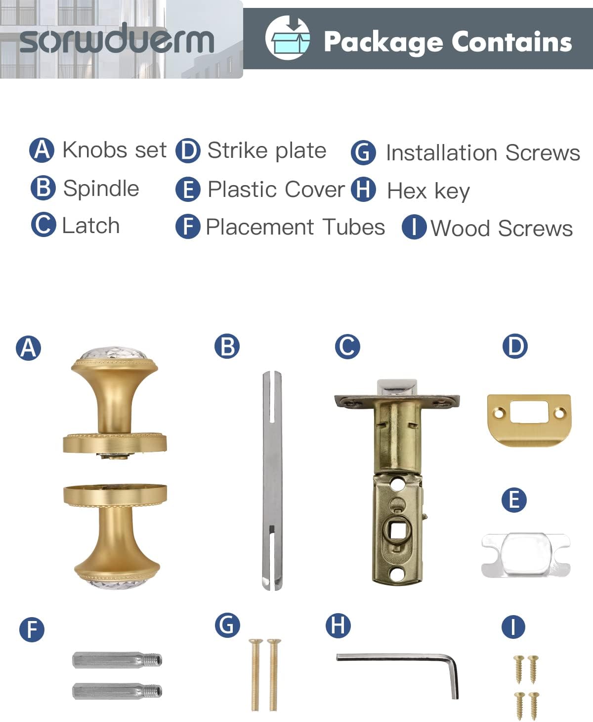 Gold Door Knobs - Crystal & Brushed Gold Door Knobs for Hall, Closet & Passage - Zinc Alloy 2 Pack