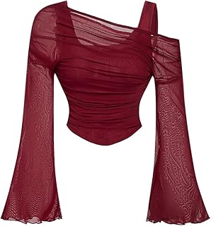Women's Y2K Off The Shoulder Tops Long Bell Sleeve Mesh Shirt Ruched Crop Top Rave Clubwear