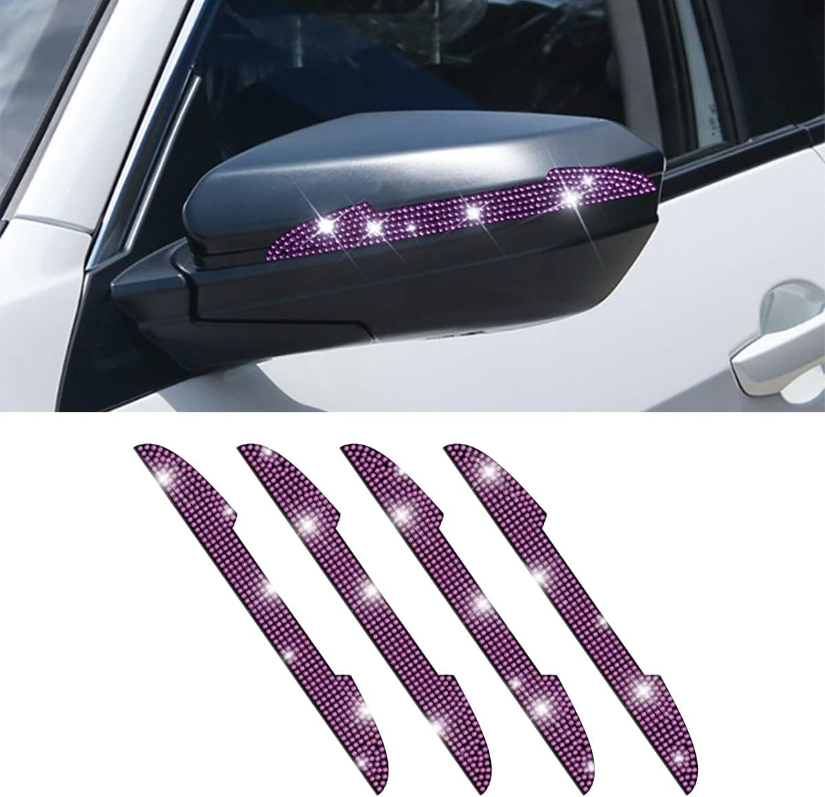 4 PCS Bling Rhinestone Car Door Handle Scratch Protector, Universal for All Cars, Vehicles, SUVs, Car Side Rearview Mirror, Car Door Edge Guard, Car Exterior Accessories for Women Men (Purple)