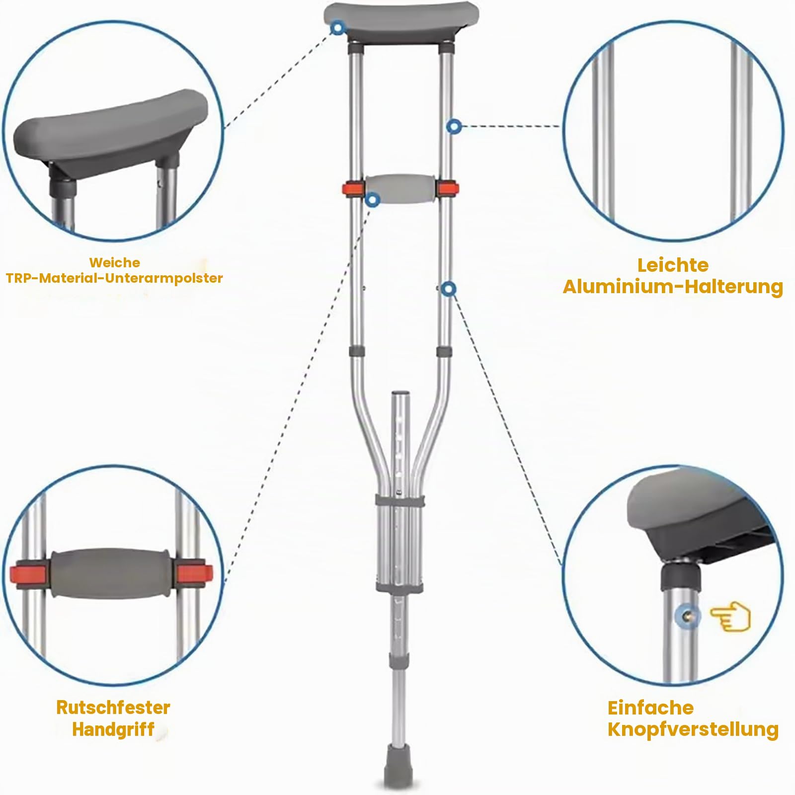 NEWFUN Achselkrücken, Krücken, Unterarmgehstützen, Höhenverstellbar, Unterarmstützen, 150 KG Belastbar, Aluminiumgehstützen Mit Weichen Unterarm- und Handauflagen, Grau, 1 Paar