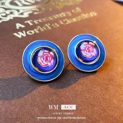 Blue Enamel Clip On Earrings 14K Gold Plated Cute Small Double Round Hoop Fake Earrings, Lightweight Flower Earrings Without Piercing For Women Girls Trendy #TOP2