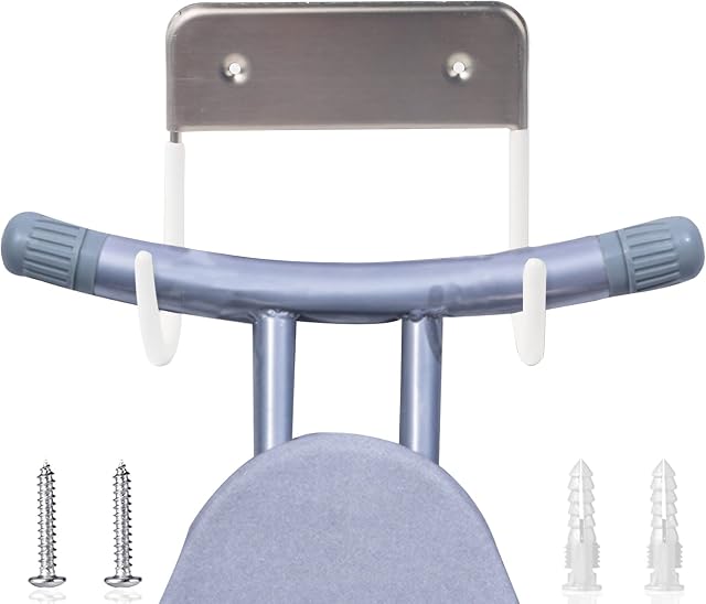 ZHOUSTOU Ironing Board Hanger Stainless Steel Ironing Board Holder Large & Small Ironing Board Hook Wall Bracket for Ironing Boards Towels and Bags (White with Screws)