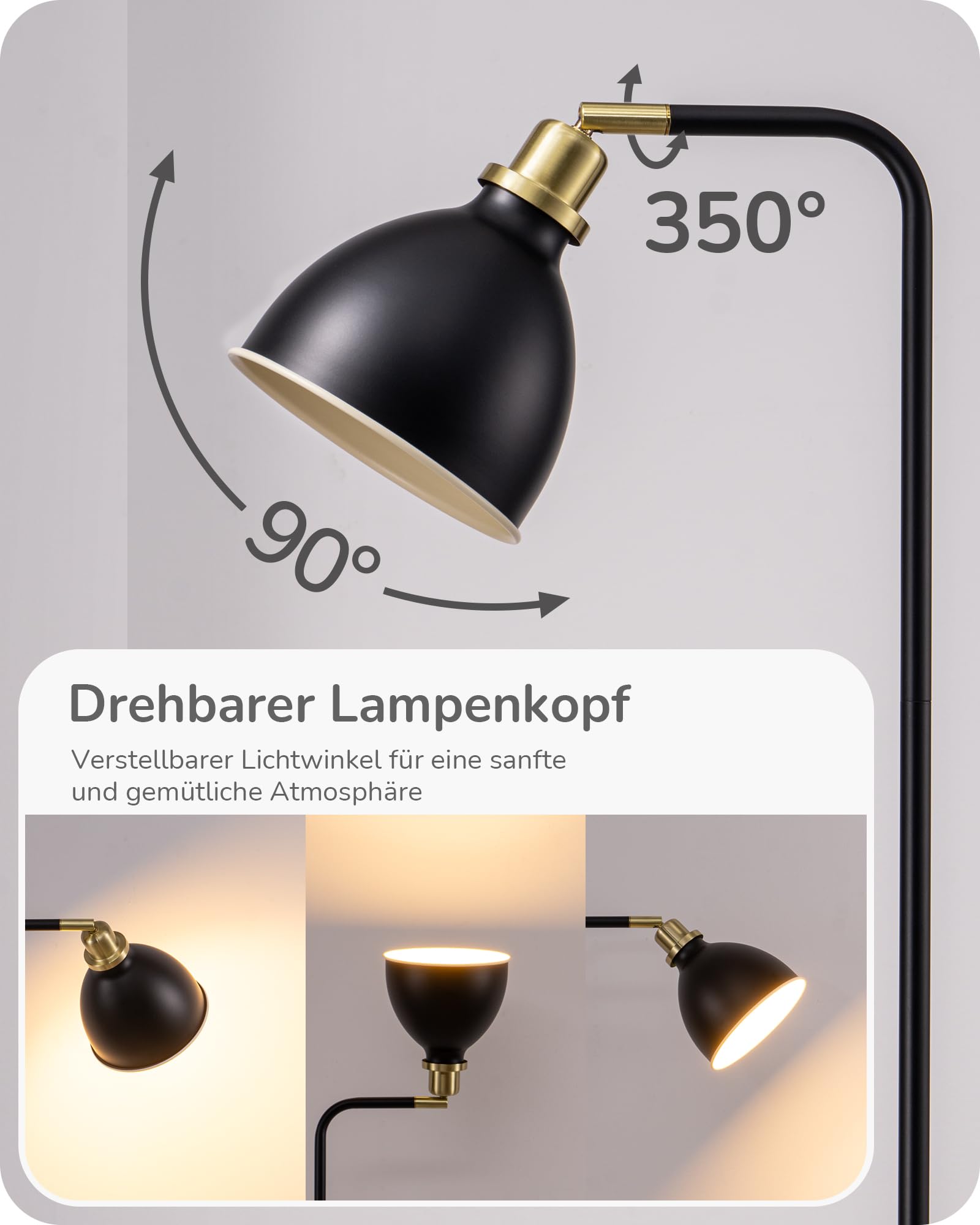 EDISHINE Stehlampe Industrielle, Retro Stehleuchte mit Metall Lampenschirm, Verstellbarer Kopf, E27 Fassung, Leselampe für Wohnzimmer & Büro, inkl. LED Leuchtmittel, Schwarz