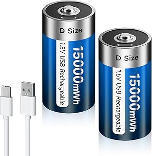 Rechargeable D Size USB Batteries 15000mWh High Capacity 1.5V Lithium D Cell Battery with Type-C Charging Cable, 2 Pack