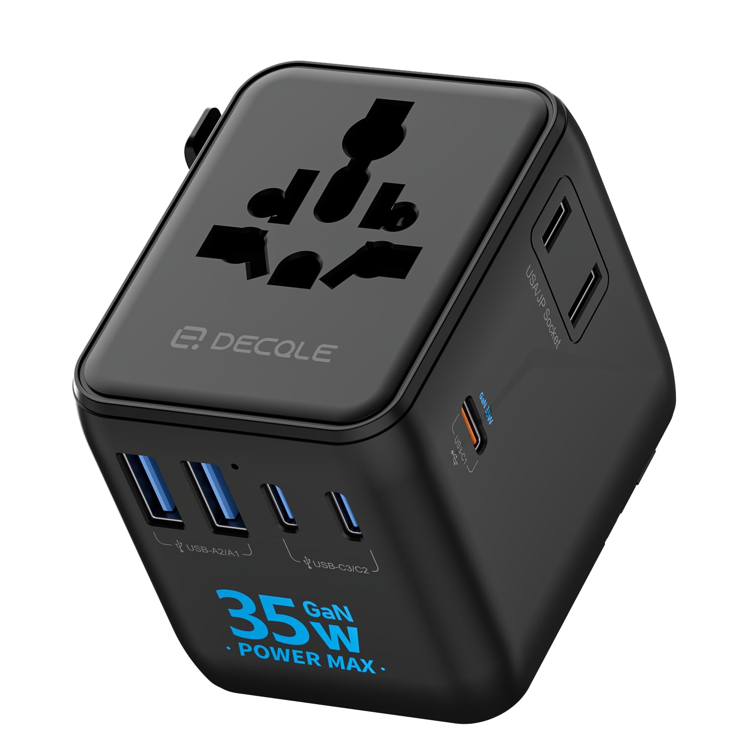 decqle Reiseadapter Weltweit, Universal Reisestecker mit 3 USB-C (GaN 35W), 2 USB-A und 1 AC Steckdose, Internationaler Steckdosenadapter, AC Adapter Universaladapter für EU, UK, US, AU (Schwarz)