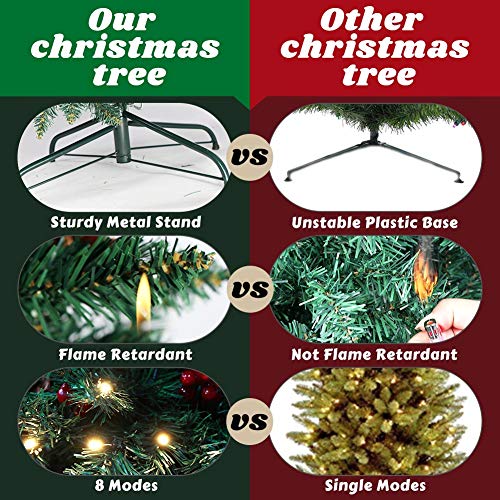 Ourwarm 7.5Ft Prelit Pencil Christmas Tree, Hinged Fir Artificial Slim Christmas Tree With 350 Led Lights, 900 Branch Tips, Solid Metal Stand, 55Pine Cones, 55 Berries, Xmas Tree For Home And Office #TOP3