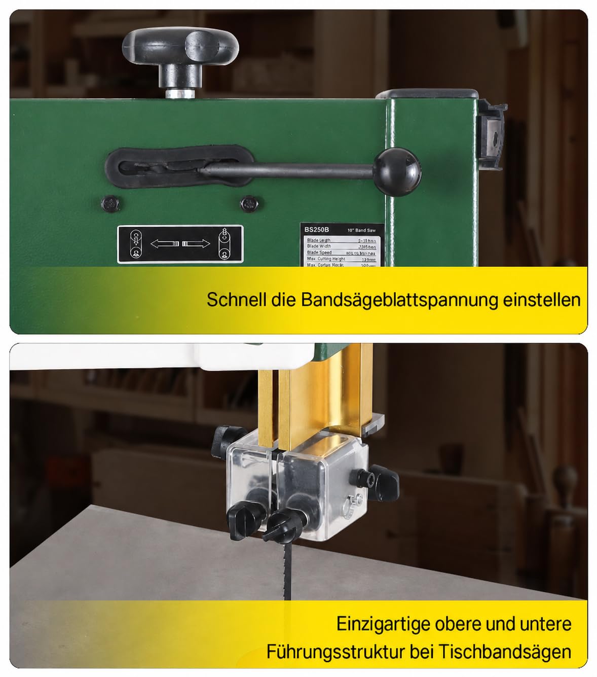 250B Tisch-Bandsäge, Holz, 350W Kupfermotor, 2-Gang 460/1000 m/min, Schnitthöhe 120mm, Tischneigung -5° bis 45°, Rad-Ø 250mm, Sägeblatt 1790mm, Stahlrahmen