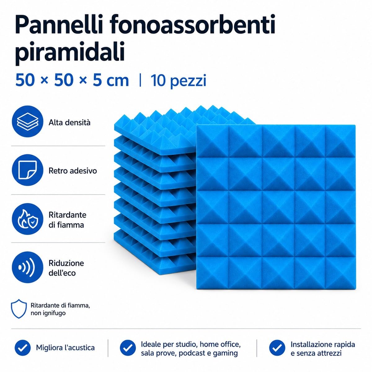 Pannelli Fonoassorbenti Blu 50X50X5Cm con Adesivo 10 Pezzi per Home Theater Studio Musica Registrazione Audio Riduzione Rumore Gaming Assorbimento Acustico Professionale