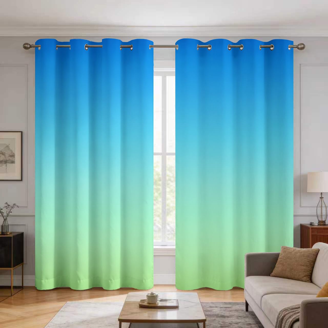 Blue and Green Ombre Curtains 90 Inch 2 Panels Set, (W46 x L90)