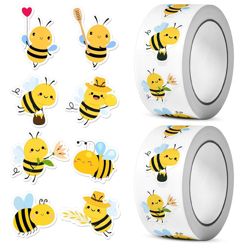 Hengkerch Yellow 2 Rolls/1000 Pcs Bee Stickers Cute Bumble Sticker Multiple Patterns Bees Label Decals Self-Adhesive Bees Reward Stickers For Scrapbooking Diy Crafts Luggage Laptops