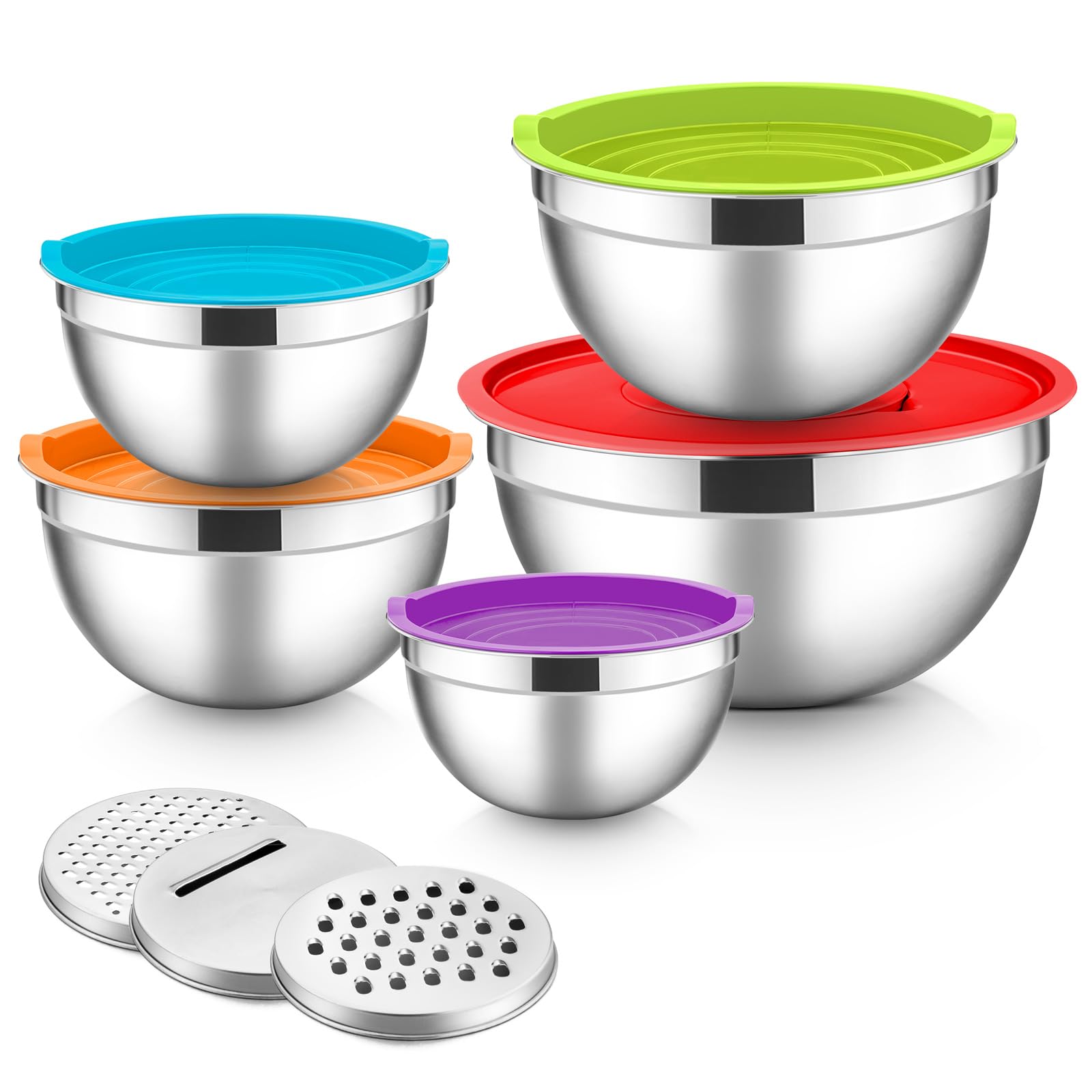HaWare Mixing Bowls Set of 5, Stainless Steel Salad Nesting Bowl for Baking/Prepping/Serving/Food Storage, 3 Grater Attachments & Airtight Lids, Dishwasher Safe- 0.7/1/1.5/2.6/4.6L, Multicolor