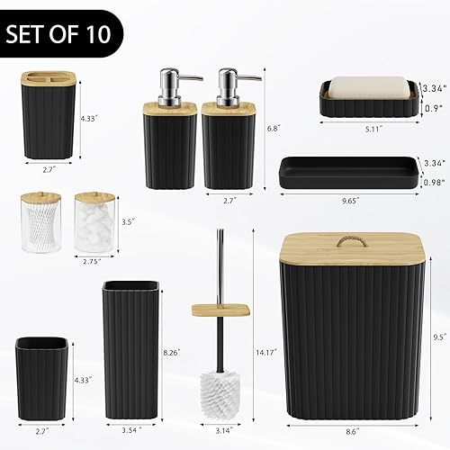 Miniatura 2 de Juego de accesorios de baño, juego de 10 piezas, juego de baño negro, juego de accesorios de baño, cepillo de inodoro, cubo de basura de baño y