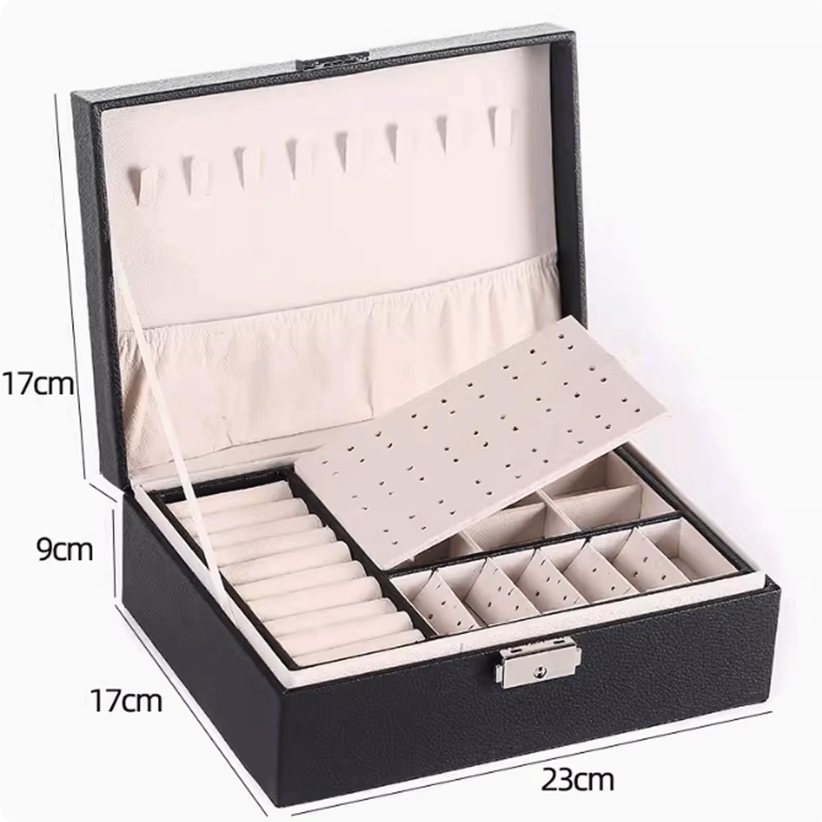 Caja de joyería de cuero PU, caja de almacenamiento de collares de 2 capas, caja organizadora de joyas con cerradura para anillos, pendientes, collares
