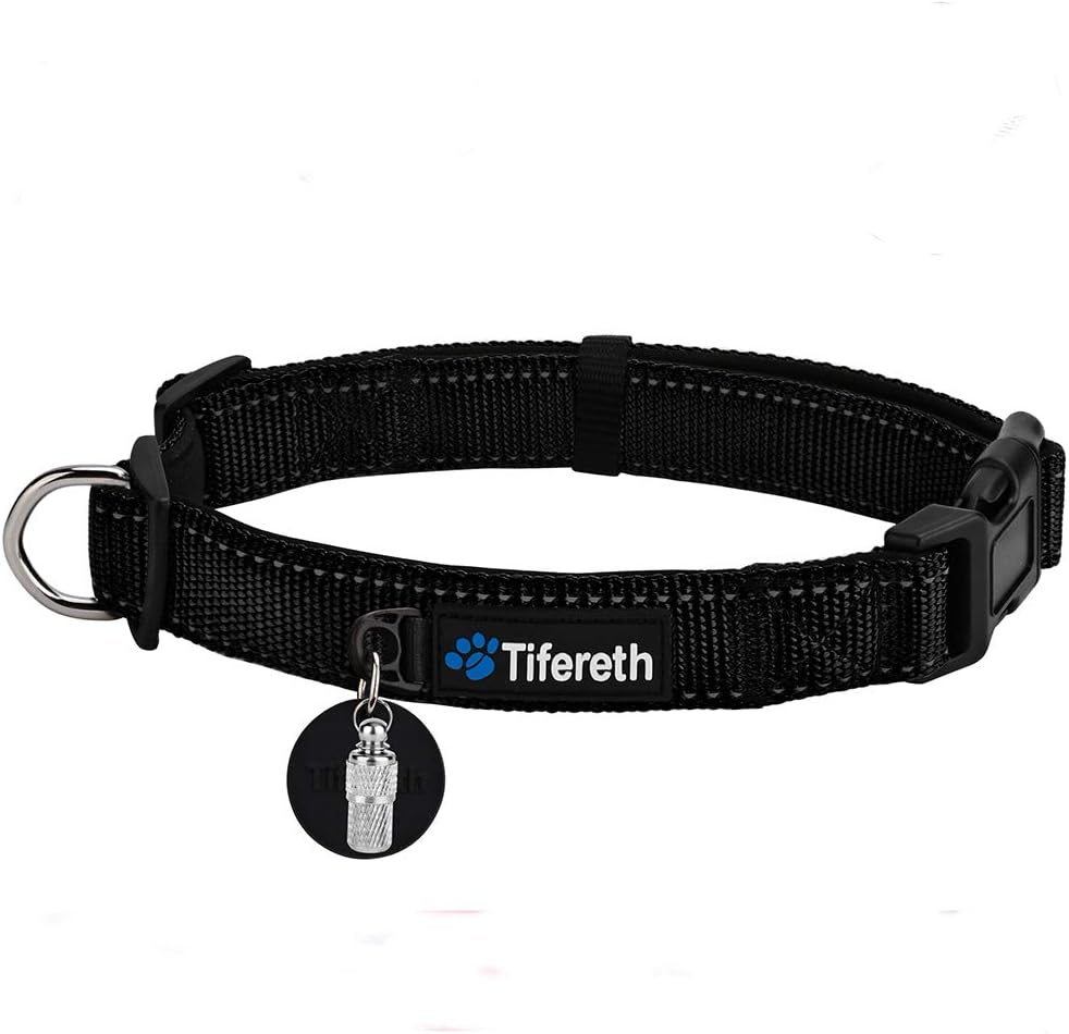 Dog Collars Nylon Buckle Dog Collar Comfortable Dog Collar Padded and Light Weight 8 Colors Small Medium Large Sizes (Free Pet ID Tag) (Medium, Black)