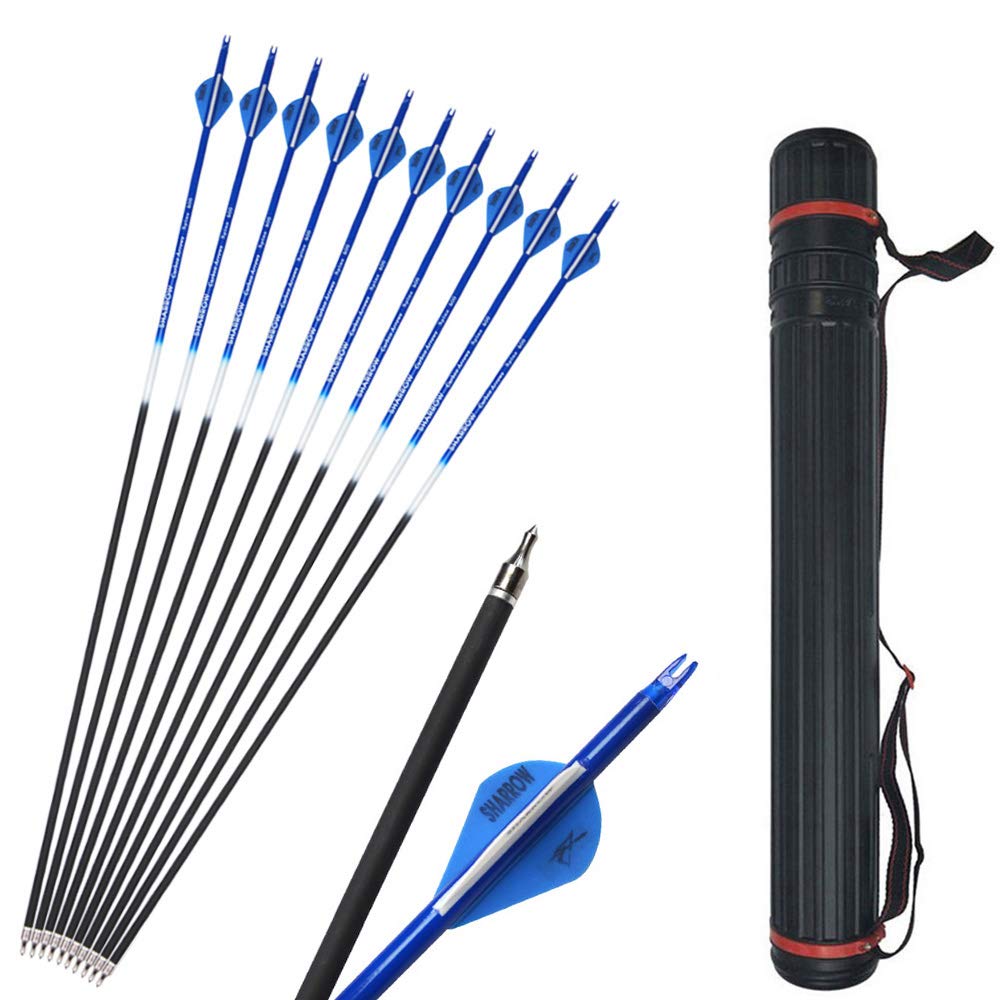 12pcs Archery Carbon Arrows 30 inch Hunting Target Arrows 500 Spine with Arrow Quiver for Recurve Compound Bow Shooting (Blue+Quiver)