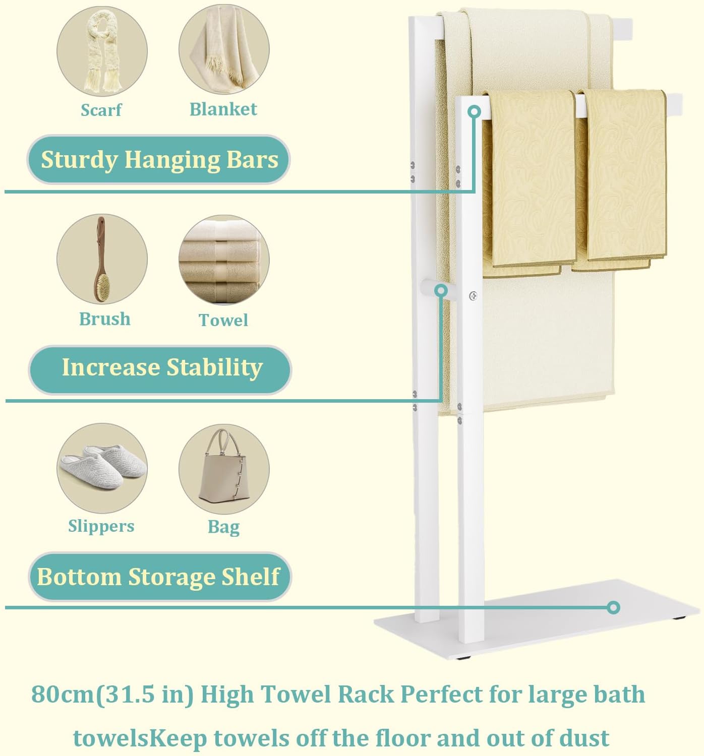 Yawinhe Free Standing Towel Rack, 2 Tier Blanket Holder with Marble Base, Metal Hand Towel Holder for Bathrooms, Drying and Display Rack with Shelf,15.7×7.87×31.49 inch,White, SMJ003W