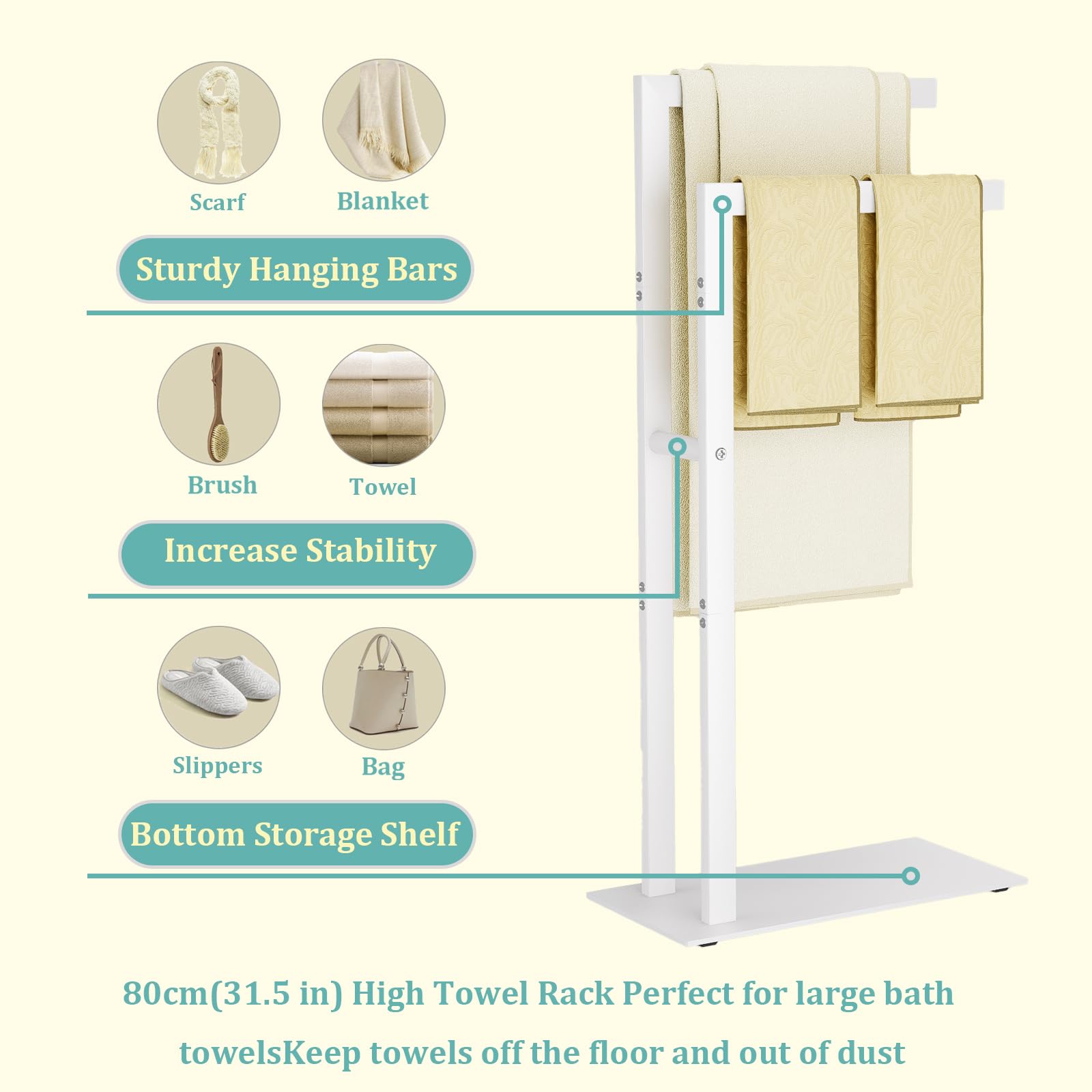 Yawinhe Porte Serviettes sur Pied, Support Salle de Bain, avec 2 Barres, en Acier Inoxydable, pour Vêtements, Couvertures, 40x20x80cm, Blanc, SMJ003W