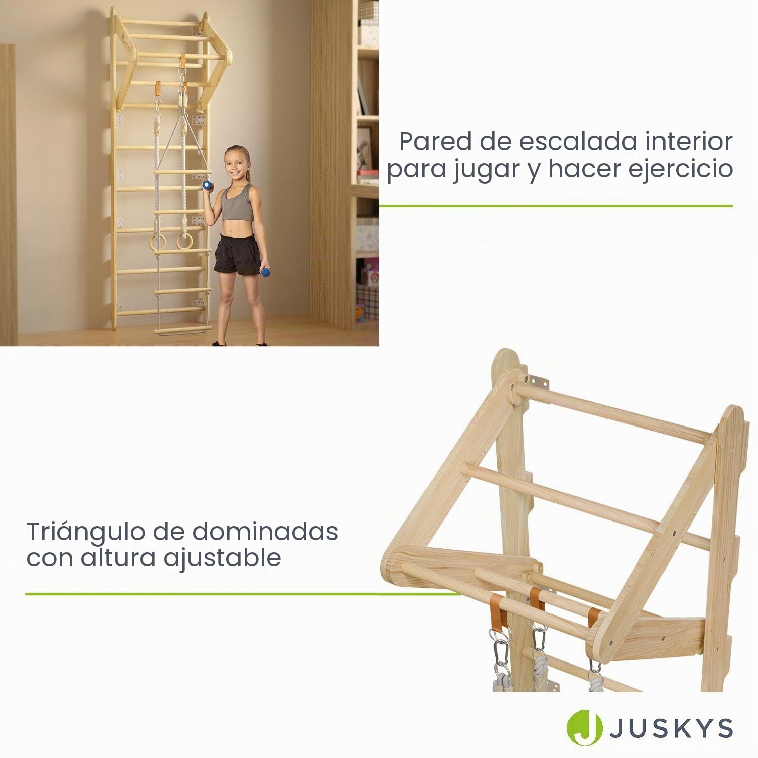 Juskys Espaldera para Niños - con Barra de Tracción, Estructura de Escalada Interior con Anillos de Gimnasia y Escalera de Cuerda, Pared de Escalada para Habitación Infantil, Barra Deportiva