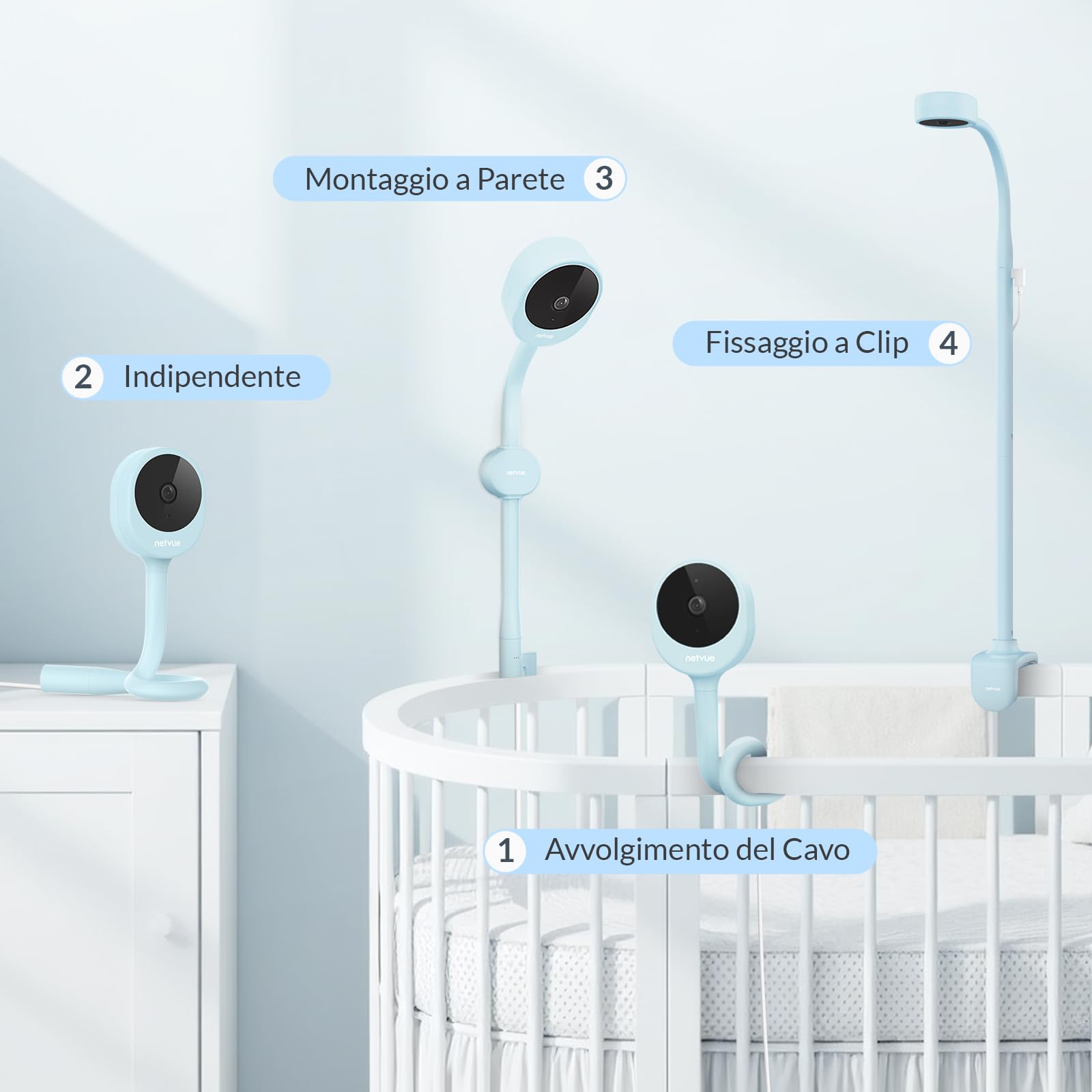 NETVUE Blu Baby Monitor 1080P con Supporto 4 in 1, 5000mAh Senza Fili 5" Baby Monitor Video e Audio, Visione Notturna, VOX, App, Audio Bidirezionale, Rilevamento Pianto e Movimento