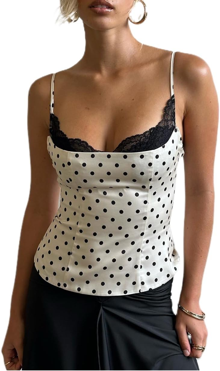 Women Lace Trim Camisole Square Neck Layered Lace Bralette Cute Going Out Spaghetti Strap Cami Y2k Tank Corset Top