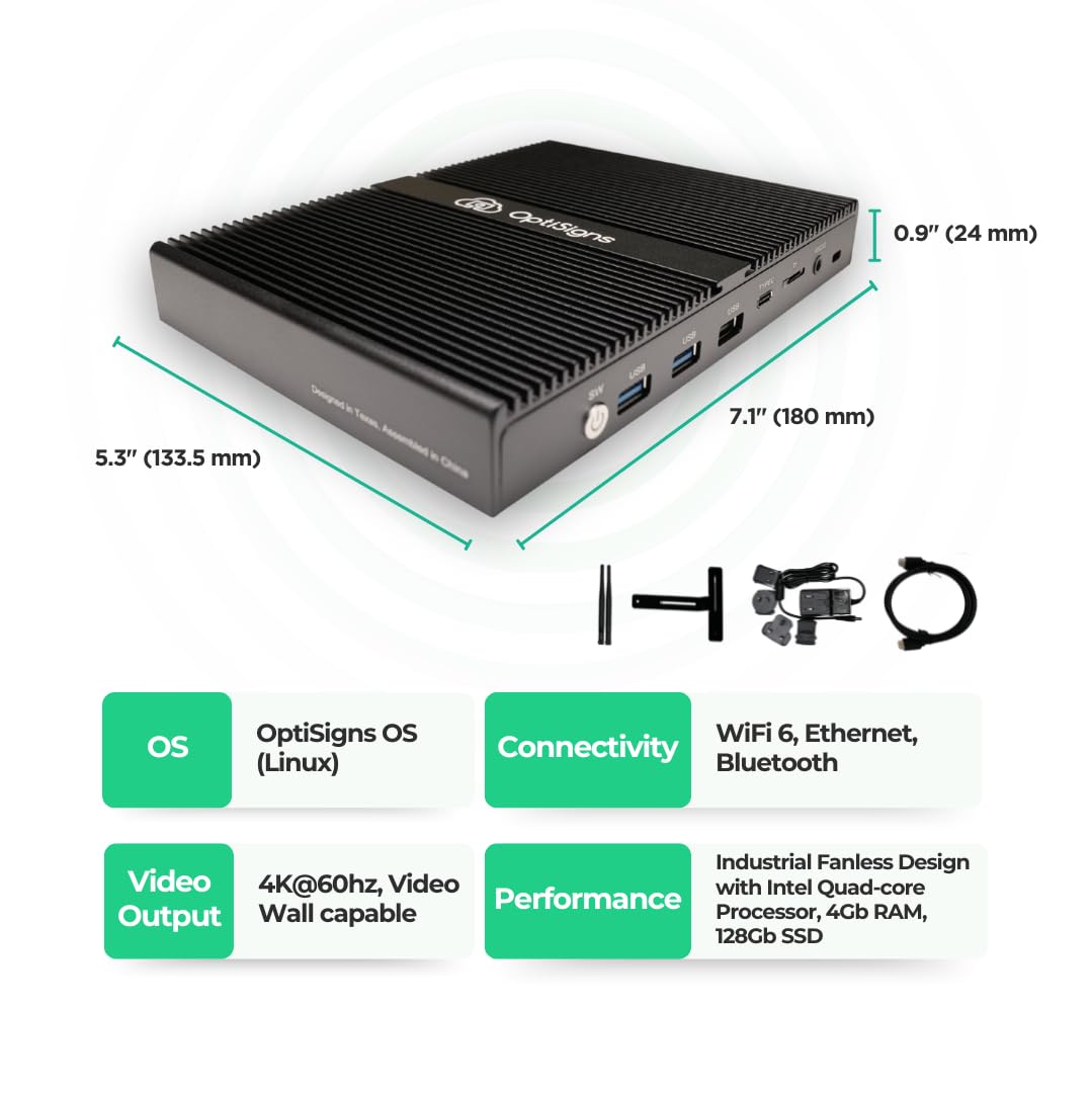 OptiSigns Pro Digital Signage Player con Intel Pentium Quad-Core, 4 GB de RAM, SSD de 128 GB, Wi-Fi 6, HDMI-CEC, 4K Ultra HD