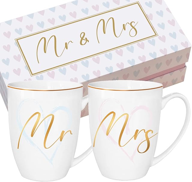 Thoughtful Gifts Mr and Mrs Mugs Gift with Luxury Box Quality Bone China 11oz Wedding Gift Stylish Mr & Mrs Mugs Wedding Present, White With Gold Rim