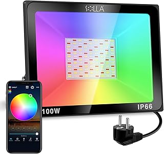 SOLLA Projecteurs LED RVB 100W, Projecteur intelligents Bluetooth, 16 Millions de Couleurs, Minutage, Synchro musicale, Contrôle de groupe, IP66 Étanche, Dimmbares couleurs changeantes