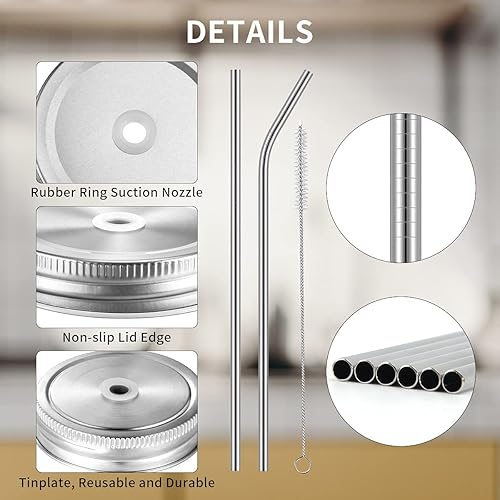 Miniatura 4 de 26 tapas para tarros Mason de boca regular con agujero para pajilla, tapas de conservas de 2.77 pulgadas para beber y almacenar alimentos, hojalata