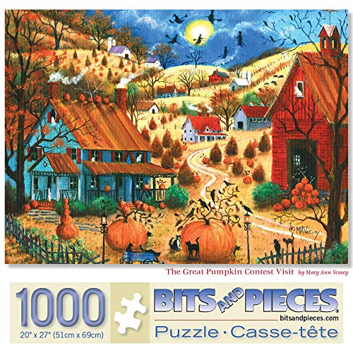 Rompecabezas de 1000 piezas para adultos Bits and Pieces: Gran Concurso de Calabazas | Rompecabezas de 20" x 27" con tema de Halloween y calabazas en granja, hecho de cartón reciclado y colores brillantes, sin ajustes falsos miniatura 1