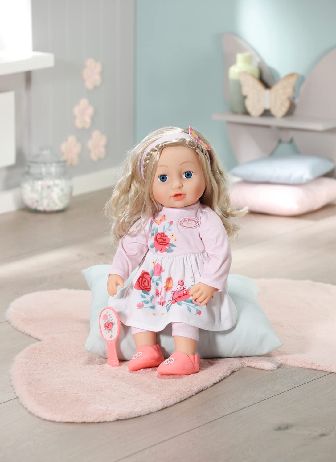 Baby Annabell Sophia – 43 cm miękka lalka z włosami do stylizacji – odpowiednia dla dzieci w wieku od 2 lat, idealna lalka dla małych dzieci i młodszych dzieci – zawiera lalkę, szczotkę do włosów i strój, 706572