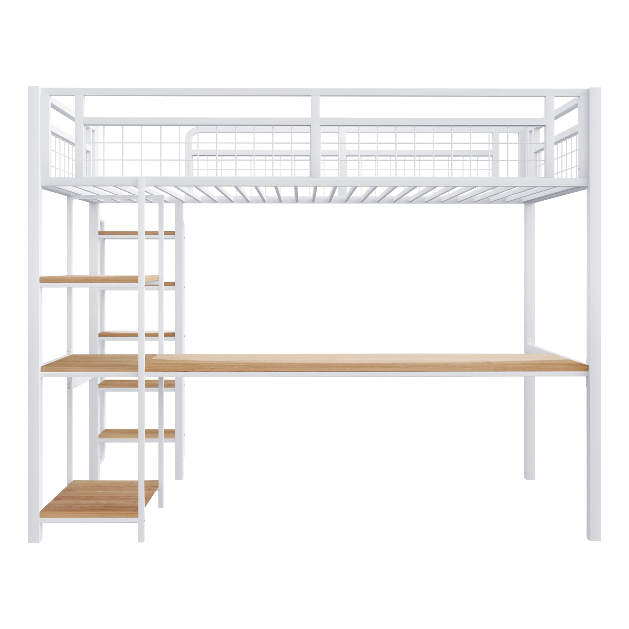 Cama alta de metal 90x200 cm con escalera y valla de seguridad blanca